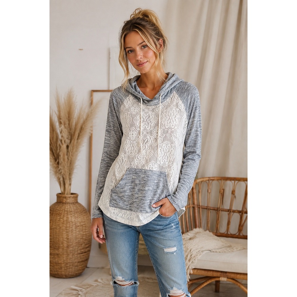 Chance or Fate Grey Crochet Lace Hoodie Top Boho Soft Grunge Large Romantic NWT